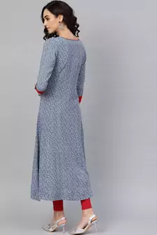 Blue Rayon Geometric Printed A-Line Long Kurti