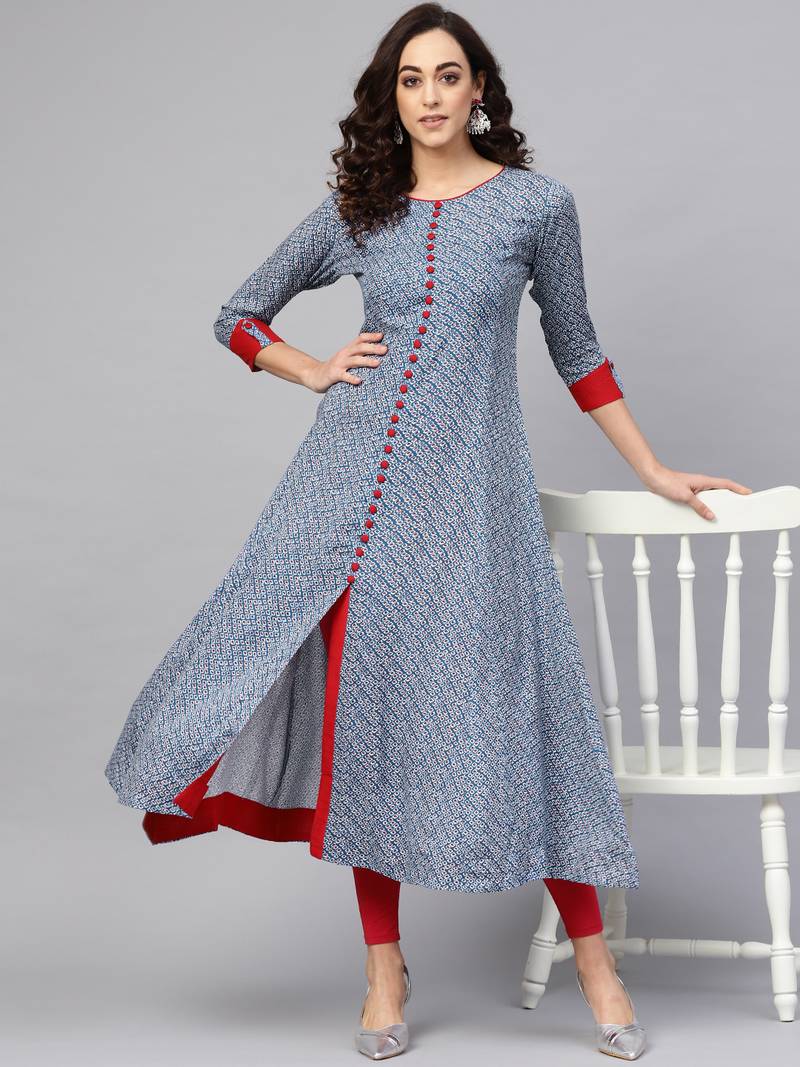 Blue Rayon Geometric Printed A-Line Long Kurti