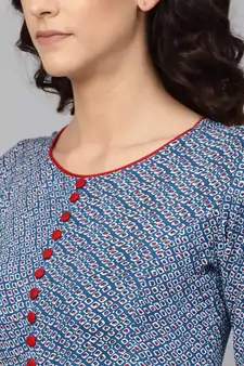 Blue Rayon Geometric Printed A-Line Long Kurti