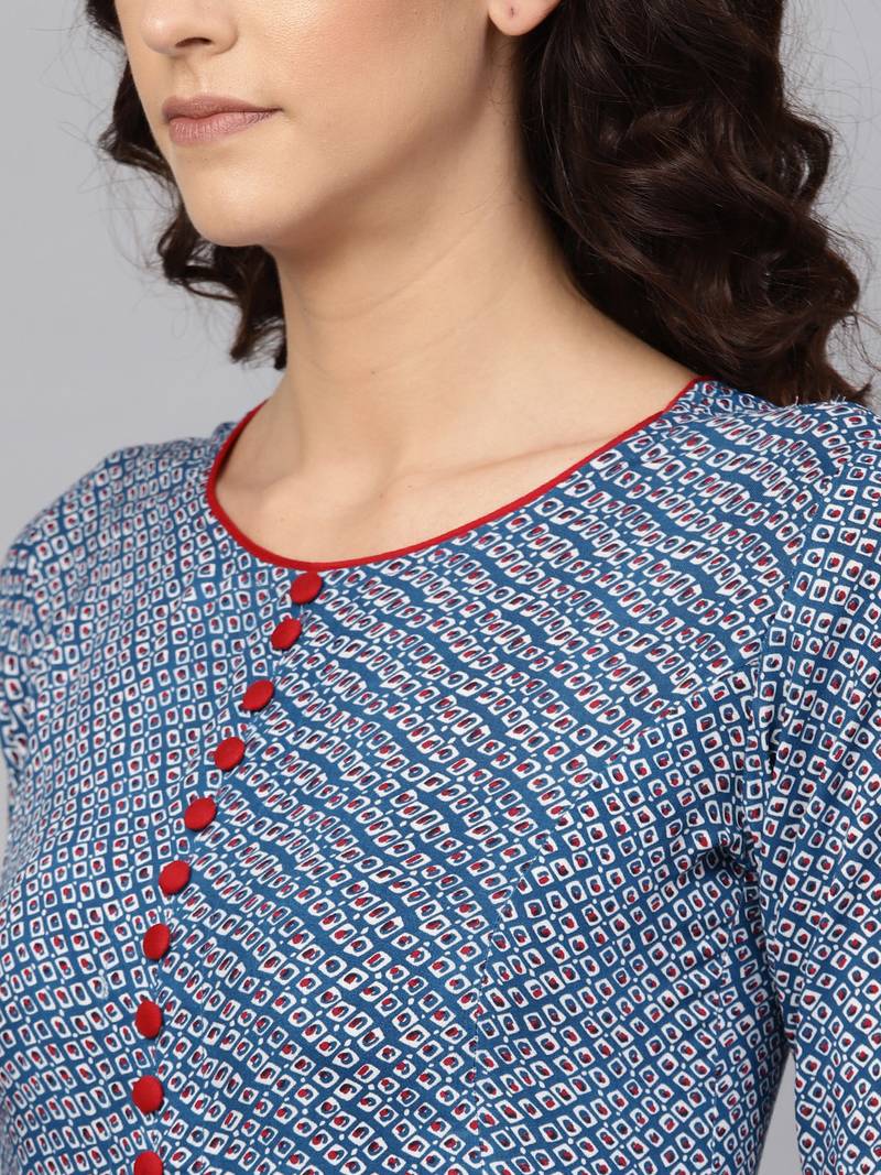 Blue Rayon Geometric Printed A-Line Long Kurti