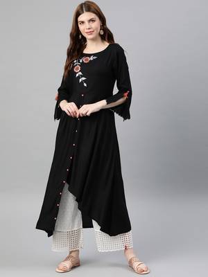 Women'S Rayon Embroidered Up & Down Style Kurta (Black) 1