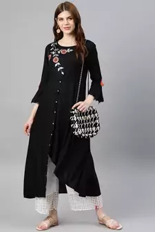 Women'S Rayon Embroidered Up & Down Style Kurta (Black)