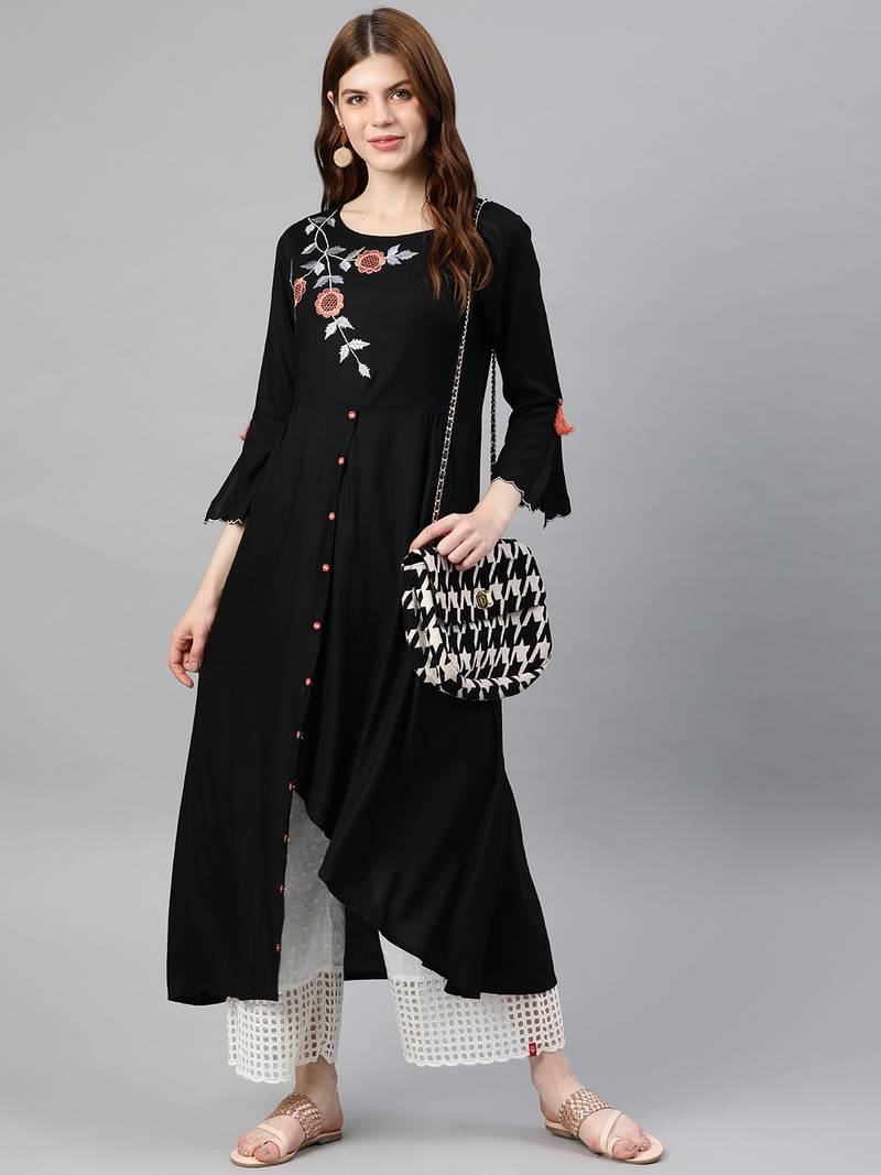 Women'S Rayon Embroidered Up & Down Style Kurta (Black)