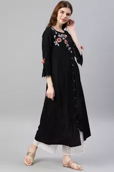 Women'S Rayon Embroidered Up & Down Style Kurta (Black)