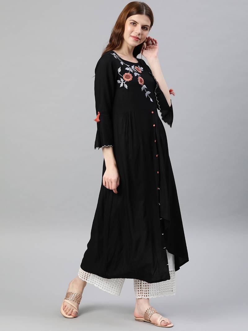 Women'S Rayon Embroidered Up & Down Style Kurta (Black)