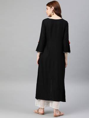 Women'S Rayon Embroidered Up & Down Style Kurta (Black) 5
