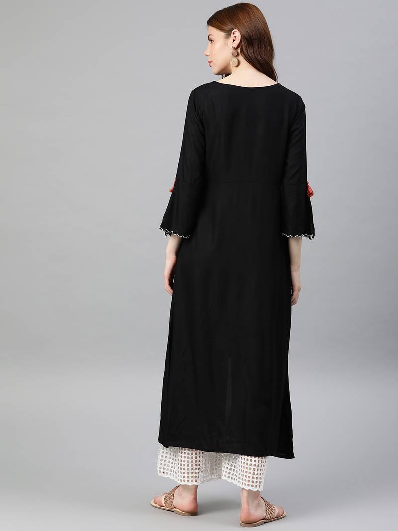 Women'S Rayon Embroidered Up & Down Style Kurta (Black)