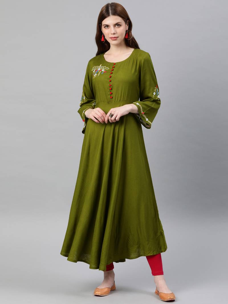 Women's Rayon Buta Embroidered Anarkali Kurta (Olive green)