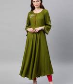 Women's Rayon Buta Embroidered Anarkali Kurta (Olive green)