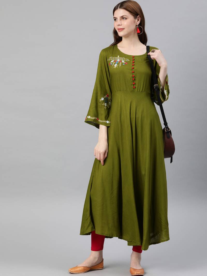 Women's Rayon Buta Embroidered Anarkali Kurta (Olive green)