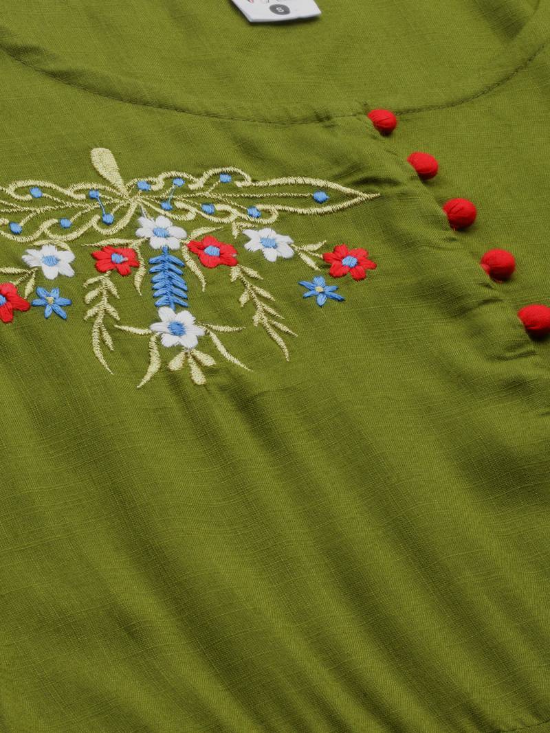Women's Rayon Buta Embroidered Anarkali Kurta (Olive green)