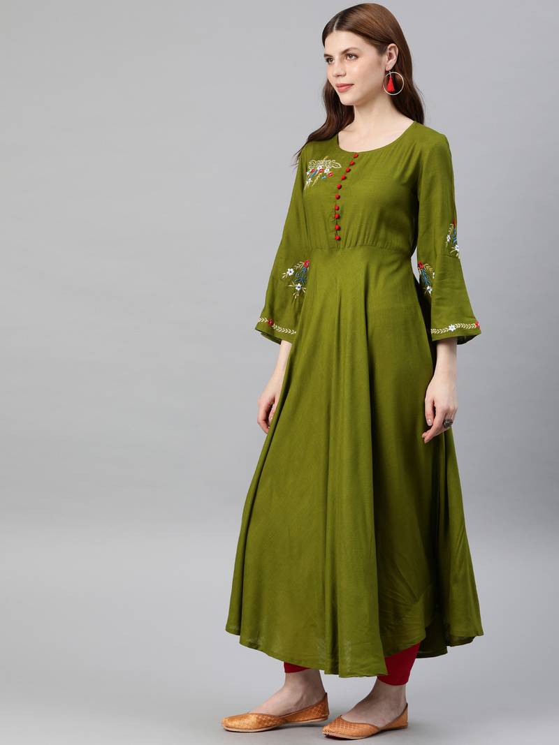 Women's Rayon Buta Embroidered Anarkali Kurta (Olive green)