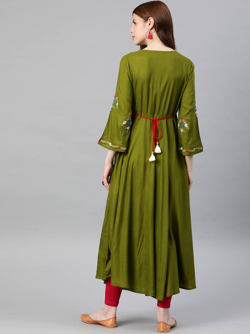Women's Rayon Buta Embroidered Anarkali Kurta (Olive green)
