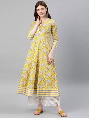 Women'S Cambric Cotton Floral Printed Anarkali Kurta (Lemon Yellow) 1