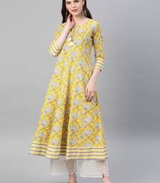Women'S Cambric Cotton Floral Printed Anarkali Kurta (Lemon Yellow)