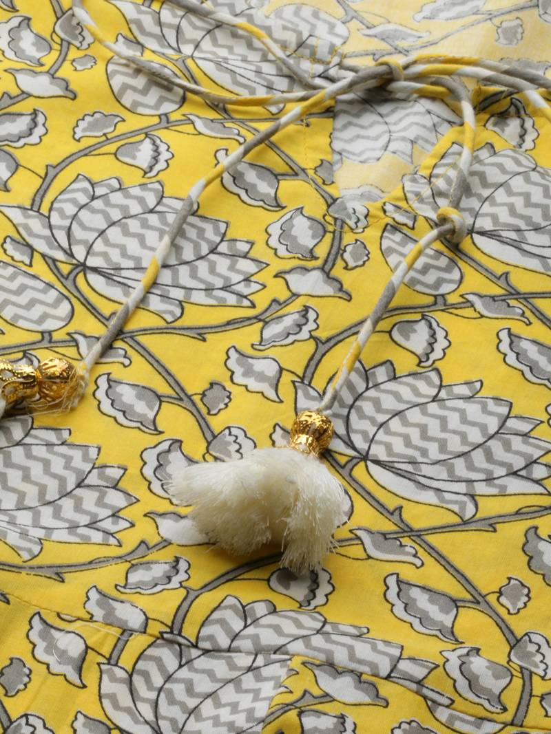 Women'S Cambric Cotton Floral Printed Anarkali Kurta (Lemon Yellow)