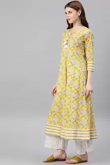 Women'S Cambric Cotton Floral Printed Anarkali Kurta (Lemon Yellow)