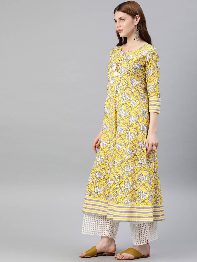 Women'S Cambric Cotton Floral Printed Anarkali Kurta (Lemon Yellow)