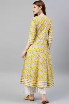 Women'S Cambric Cotton Floral Printed Anarkali Kurta (Lemon Yellow)