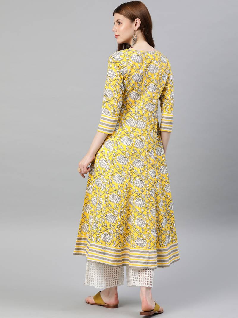 Women'S Cambric Cotton Floral Printed Anarkali Kurta (Lemon Yellow)