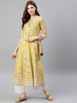 Women'S Cambric Cotton Floral Printed Anarkali Kurta (Lemon Yellow) 5
