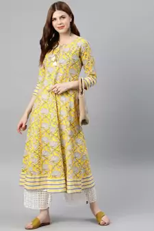 Women'S Cambric Cotton Floral Printed Anarkali Kurta (Lemon Yellow)