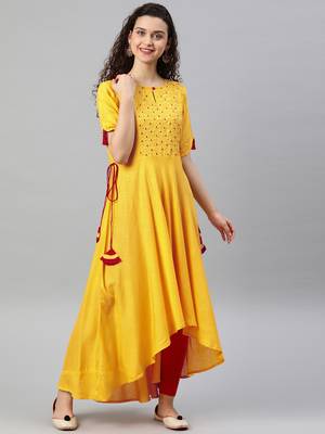 Women'S Rayon Slub Embroidered Up-Down Kurta (Yellow) 1