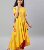 Women'S Rayon Slub Embroidered Up-Down Kurta (Yellow)