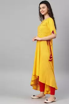 Women'S Rayon Slub Embroidered Up-Down Kurta (Yellow)