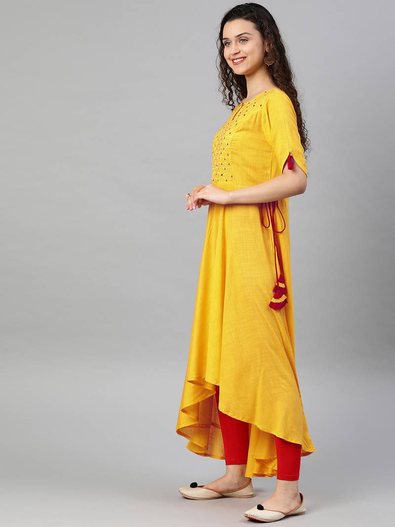 Women'S Rayon Slub Embroidered Up-Down Kurta (Yellow)