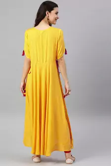 Women'S Rayon Slub Embroidered Up-Down Kurta (Yellow)