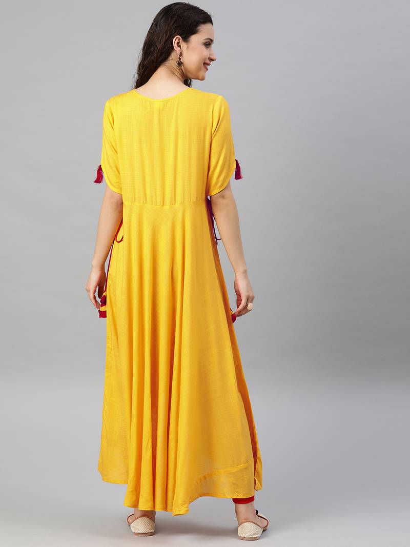 Women'S Rayon Slub Embroidered Up-Down Kurta (Yellow)