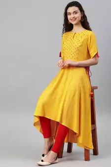 Women'S Rayon Slub Embroidered Up-Down Kurta (Yellow)