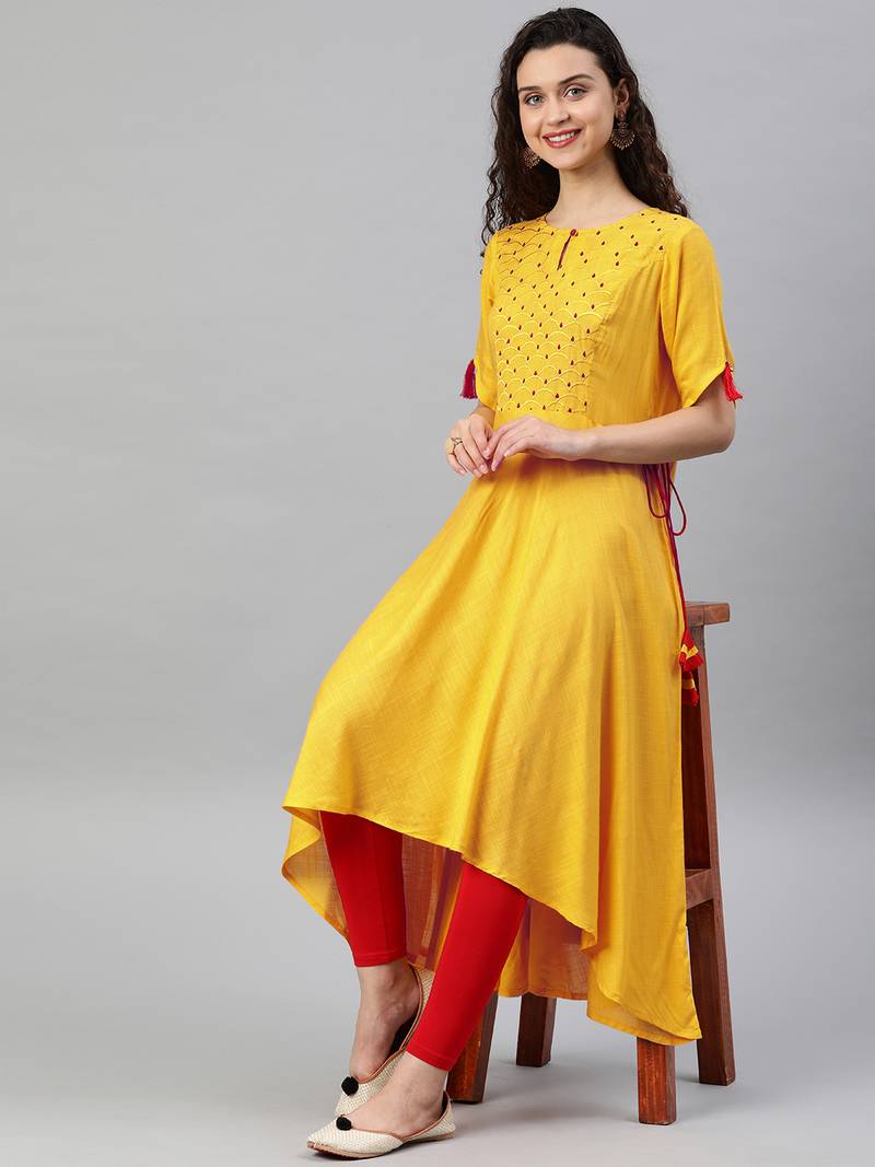 Women'S Rayon Slub Embroidered Up-Down Kurta (Yellow)