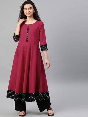 Women'S Cotton Slub Plain Dye Anarkali Kurta (Pink) 1