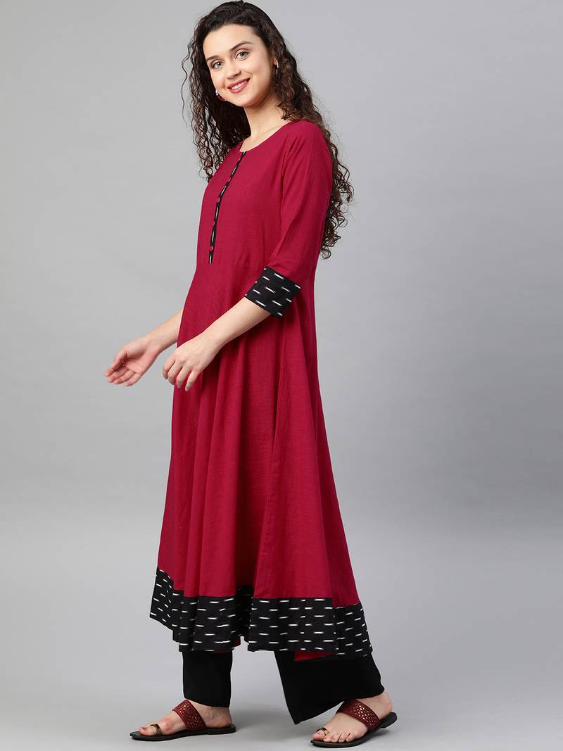 Women'S Cotton Slub Plain Dye Anarkali Kurta (Pink)