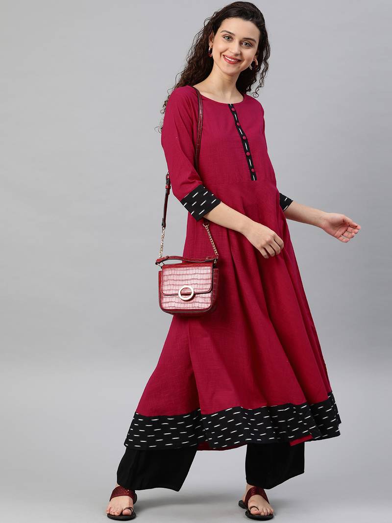 Women'S Cotton Slub Plain Dye Anarkali Kurta (Pink)