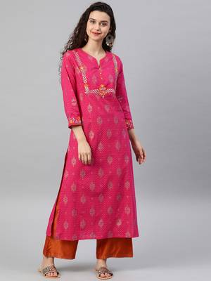 Women'S Cambric Cotton Zari Embroidered Straight Kurta (Pink) 1