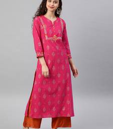Women'S Cambric Cotton Zari Embroidered Straight Kurta (Pink)