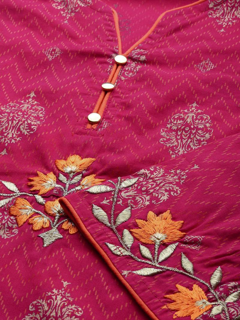 Women'S Cambric Cotton Zari Embroidered Straight Kurta (Pink)