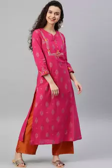 Women'S Cambric Cotton Zari Embroidered Straight Kurta (Pink)