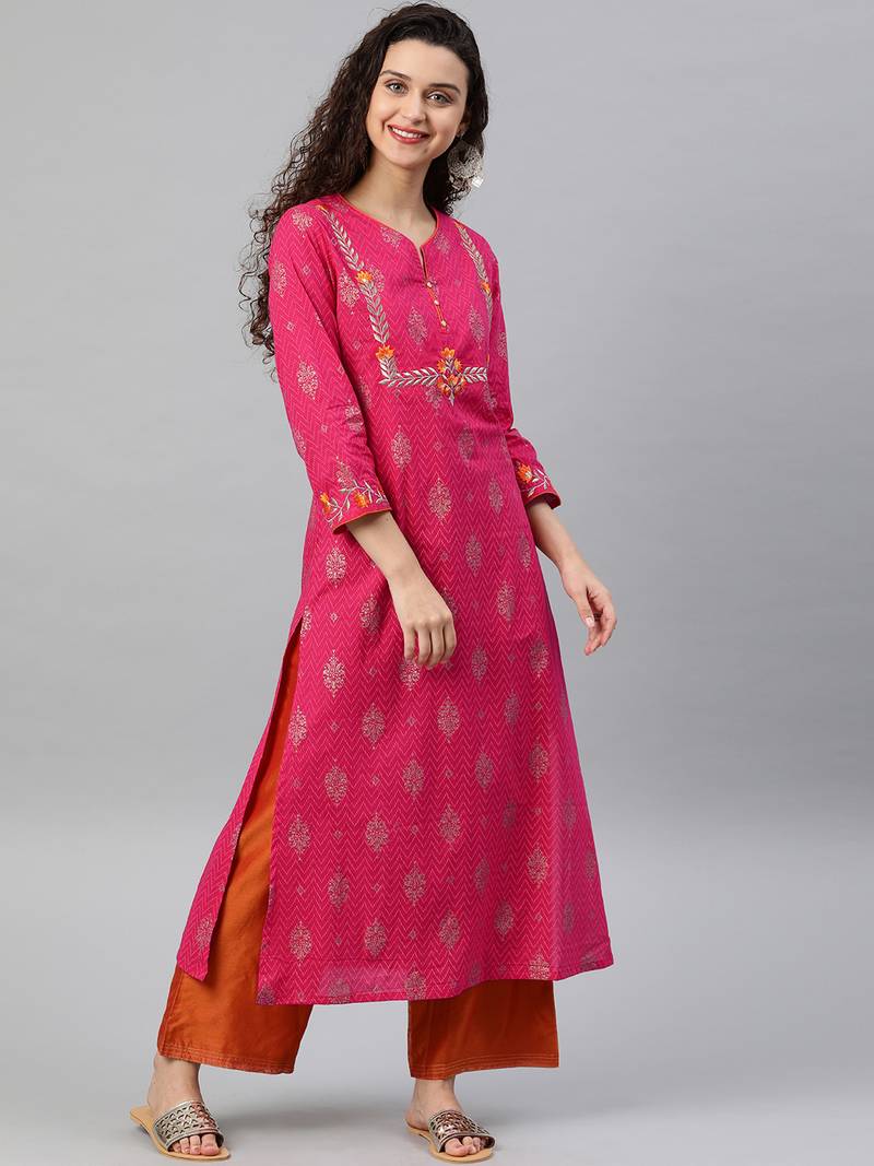 Women'S Cambric Cotton Zari Embroidered Straight Kurta (Pink)