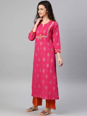 Women'S Cambric Cotton Zari Embroidered Straight Kurta (Pink) 4