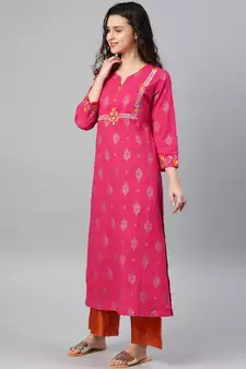 Women'S Cambric Cotton Zari Embroidered Straight Kurta (Pink)