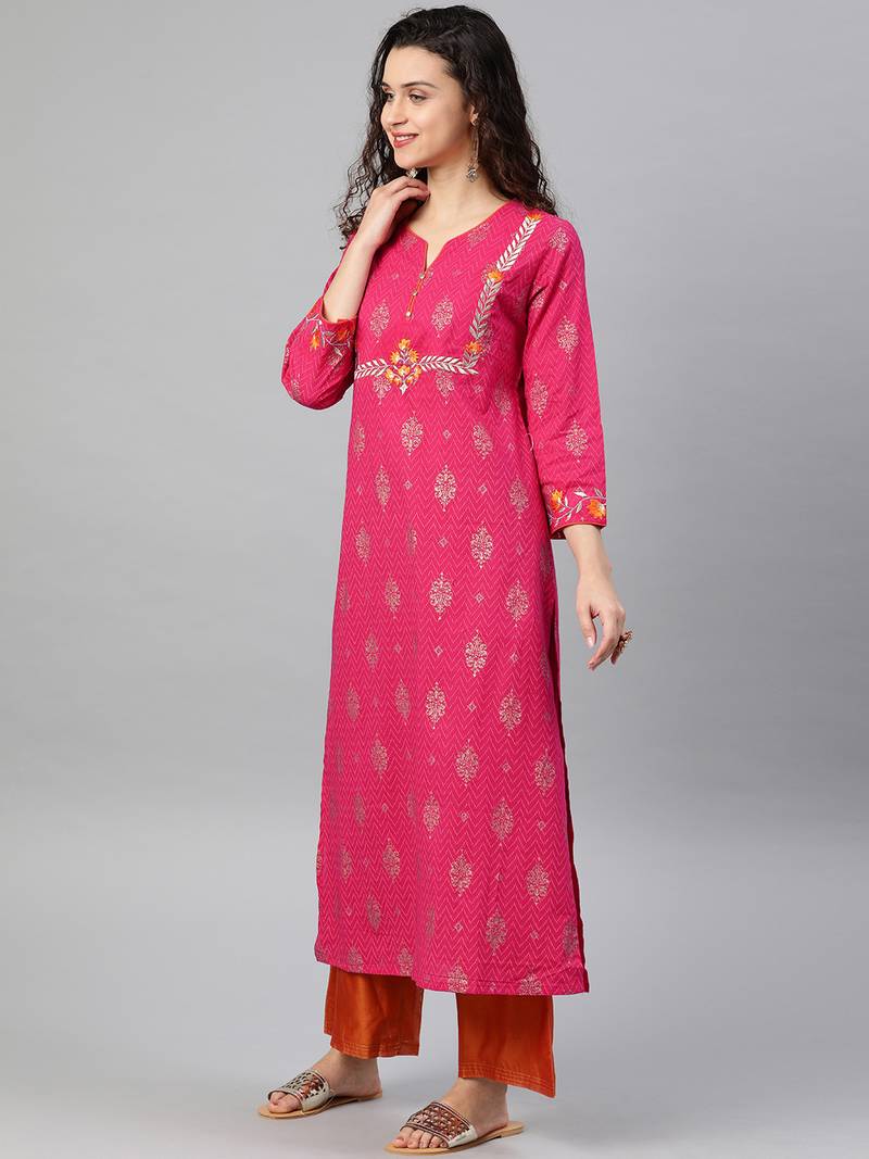 Women'S Cambric Cotton Zari Embroidered Straight Kurta (Pink)