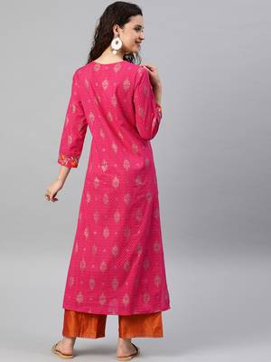 Women'S Cambric Cotton Zari Embroidered Straight Kurta (Pink) 5