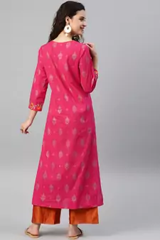 Women'S Cambric Cotton Zari Embroidered Straight Kurta (Pink)