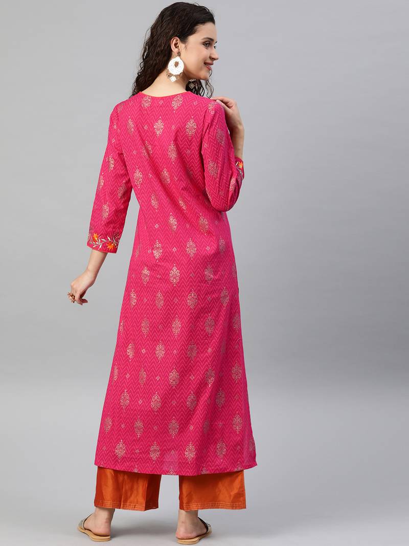 Women'S Cambric Cotton Zari Embroidered Straight Kurta (Pink)