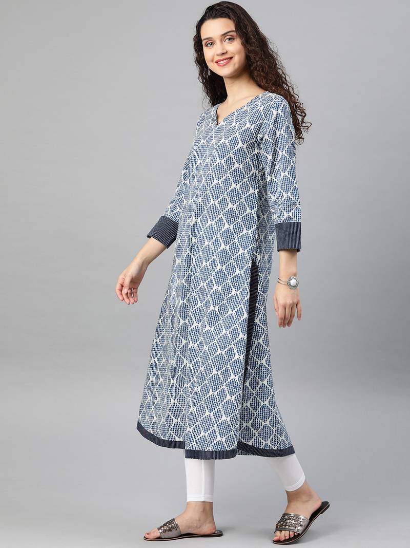 Women's Cotton Straight Jacket Style Kurta (Blue)