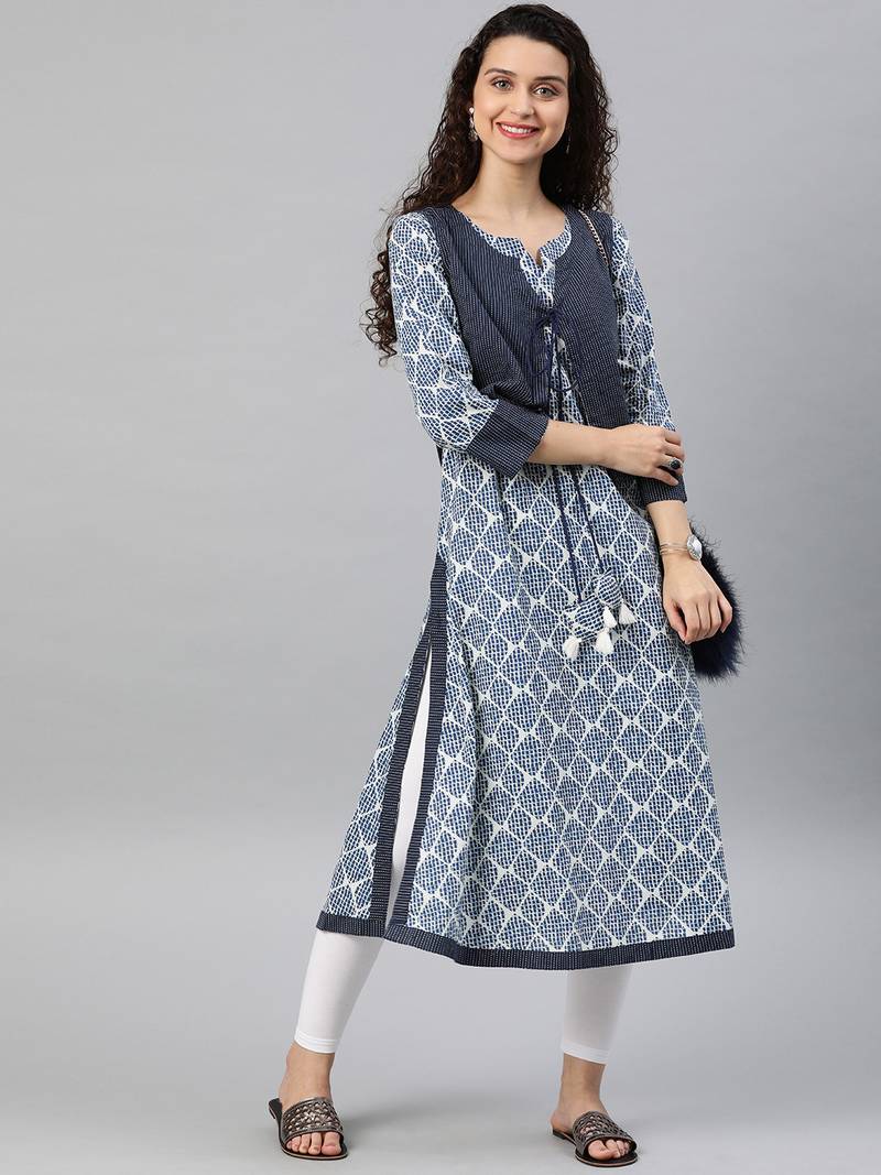 Women's Cotton Straight Jacket Style Kurta (Blue)